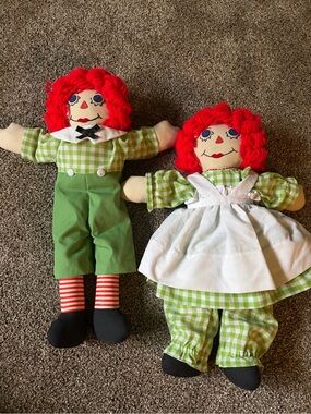 Vintage Handmade 16” Raggedy Ann & Raggedy Andy Dolls with Green Gingham Outfits